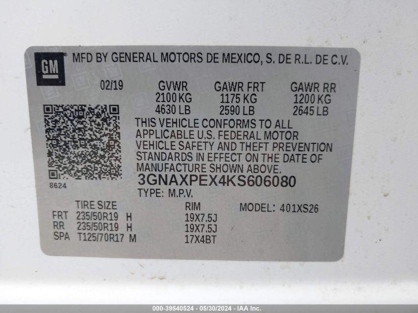 2019 Chevrolet Equinox Premier VIN: 3GNAXPEX4KS606080 Lot: 39540524