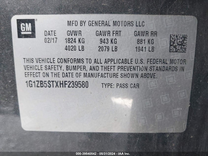 2017 Chevrolet Malibu Ls VIN: 1G1ZB5STXHF239580 Lot: 39540542