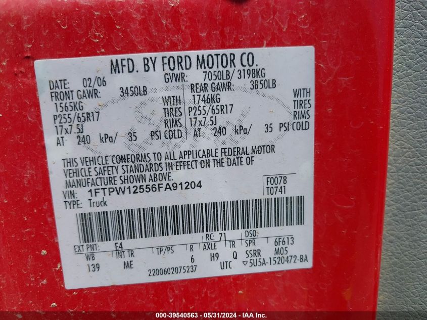 2006 Ford F-150 Lariat/Xlt VIN: 1FTPW12556FA91204 Lot: 39540563