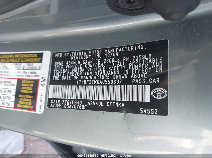 2010 Toyota Camry Le VIN: 4T1BF3EK6AU550697 Lot: 39540570