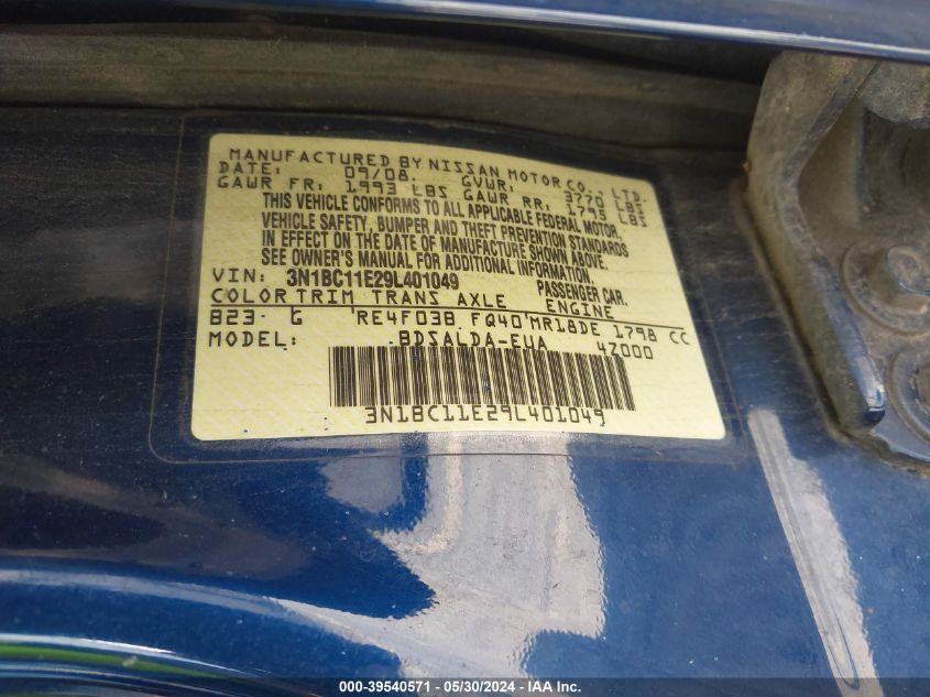 2009 Nissan Versa 1.8S VIN: 3N1BC11E29L401049 Lot: 39540571