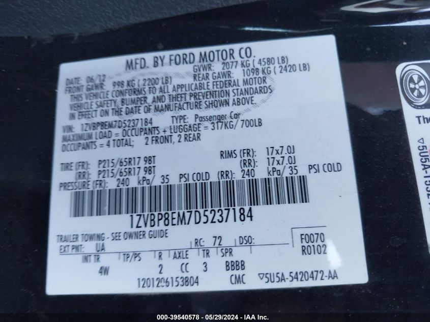 2013 Ford Mustang V6 Premium VIN: 1ZVBP8EM7D5237184 Lot: 39540578