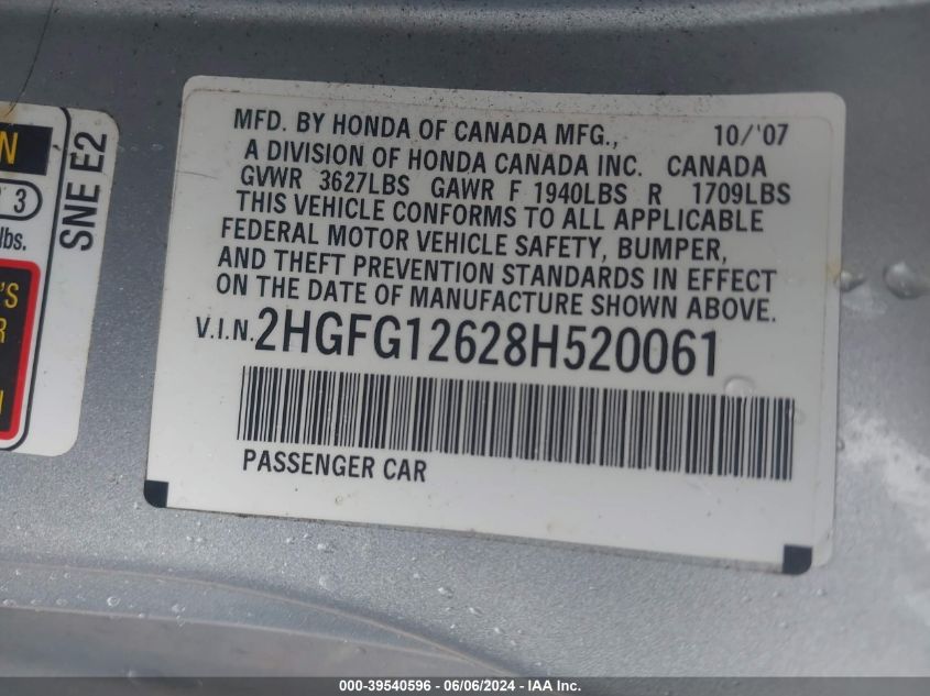 2008 Honda Civic Lx VIN: 2HGFG12628H520061 Lot: 39540596