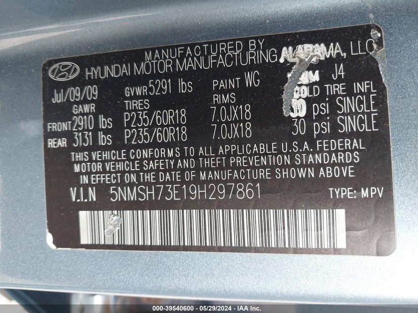 2009 Hyundai Santa Fe Se VIN: 5NMSH73E19H297861 Lot: 39540600