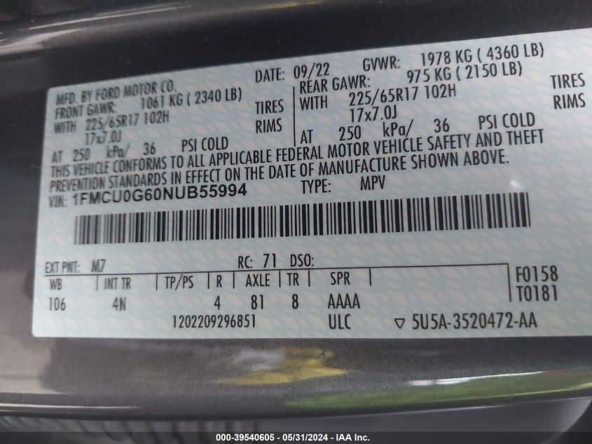 2022 Ford Escape Se VIN: 1FMCU0G60NUB55994 Lot: 39540605