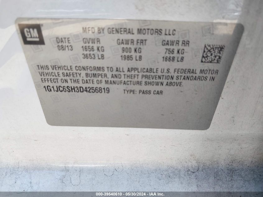 2013 Chevrolet Sonic Lt Auto VIN: 1G1JC6SH3D4256819 Lot: 39540610