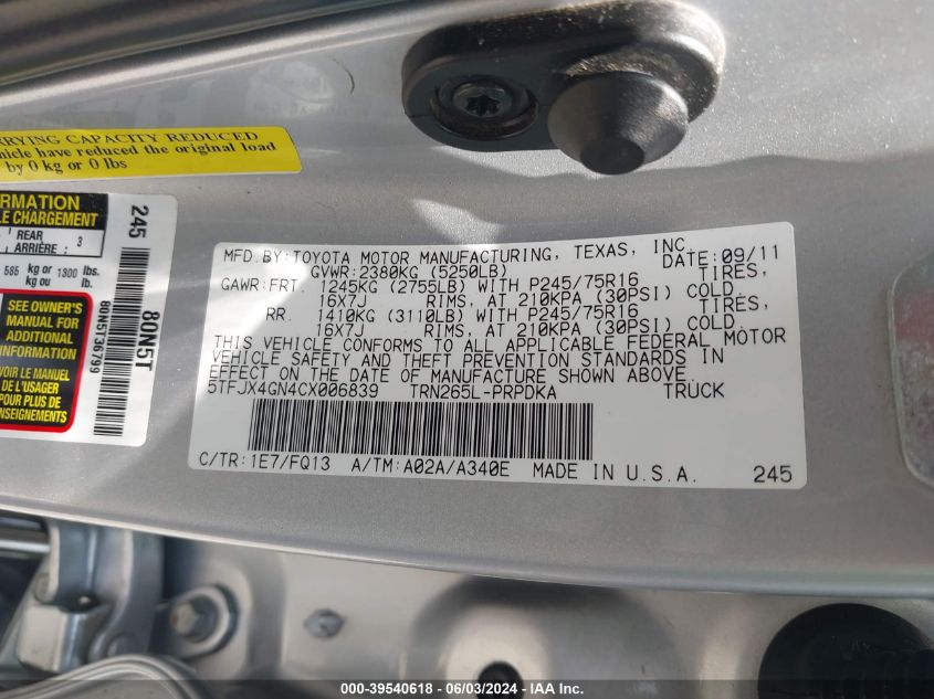 2012 Toyota Tacoma Prerunner VIN: 5TFJX4GN4CX006839 Lot: 39540618