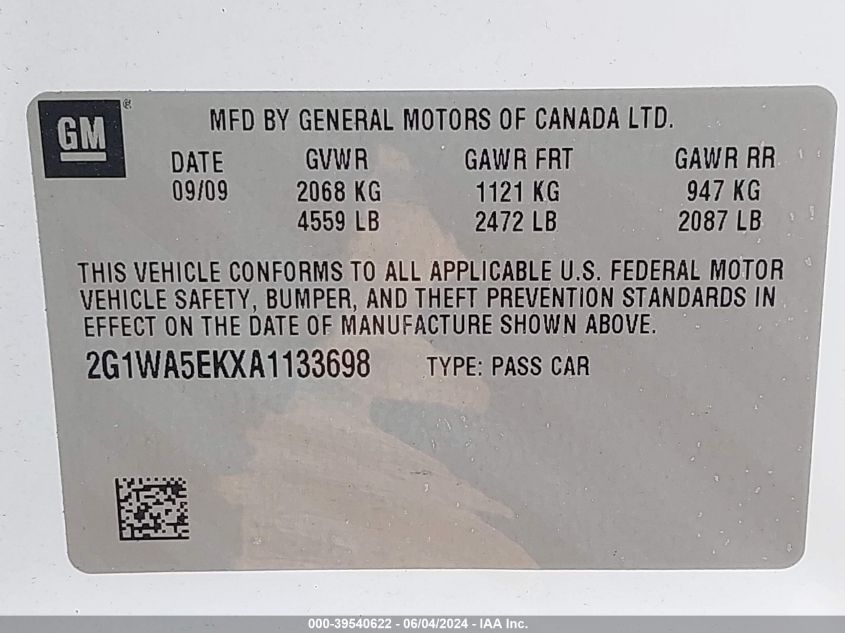 2010 Chevrolet Impala Ls VIN: 2G1WA5EKXA1133698 Lot: 39540622