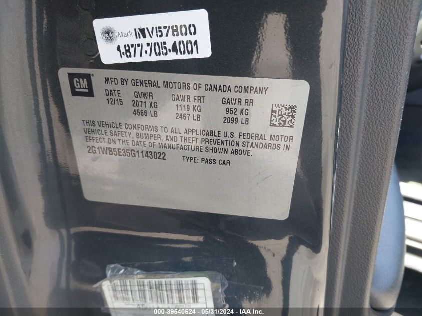 2016 Chevrolet Impala Limited Lt VIN: 2G1WB5E35G1143022 Lot: 39540624