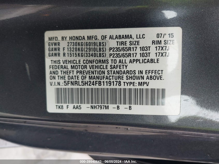 2015 Honda Odyssey Lx VIN: 5FNRL5H24FB119178 Lot: 39540643