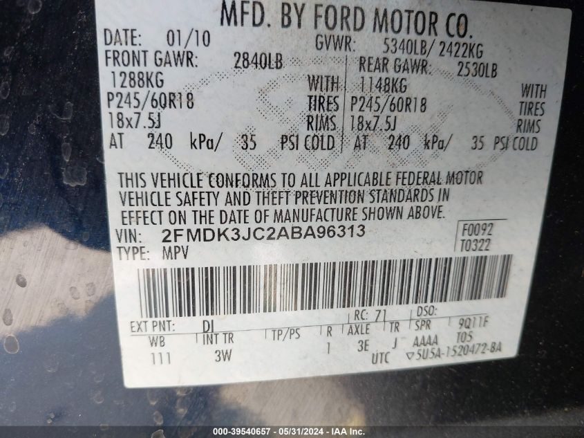 2FMDK3JC2ABA96313 2010 Ford Edge Sel