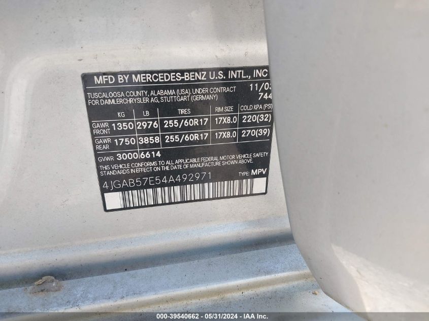 2004 Mercedes-Benz Ml 350 4Matic VIN: 4JGAB57E54A492971 Lot: 39540662