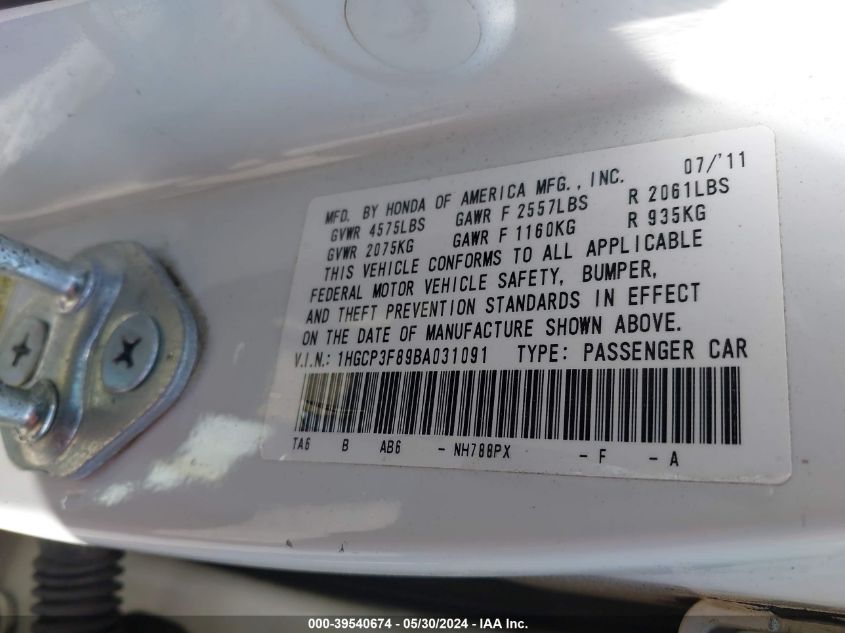 2011 Honda Accord 3.5 Ex-L VIN: 1HGCP3F89BA031091 Lot: 39540674