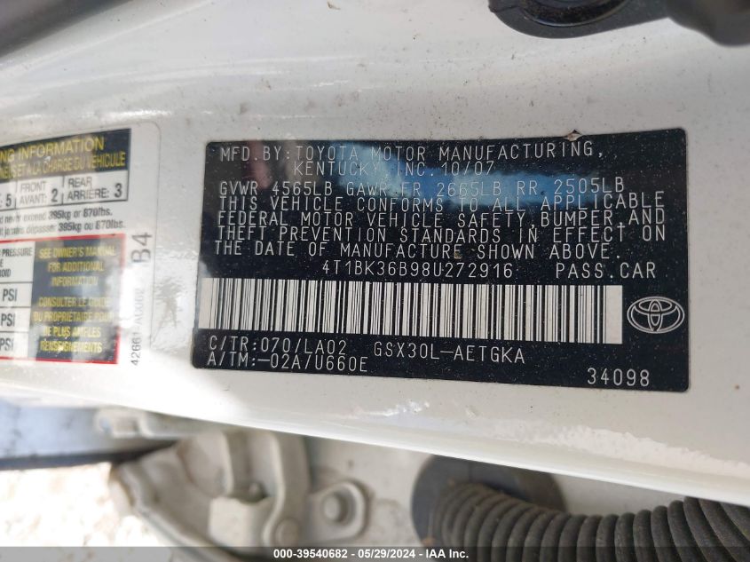 2008 Toyota Avalon Xls VIN: 4T1BK36B98U272916 Lot: 39540682