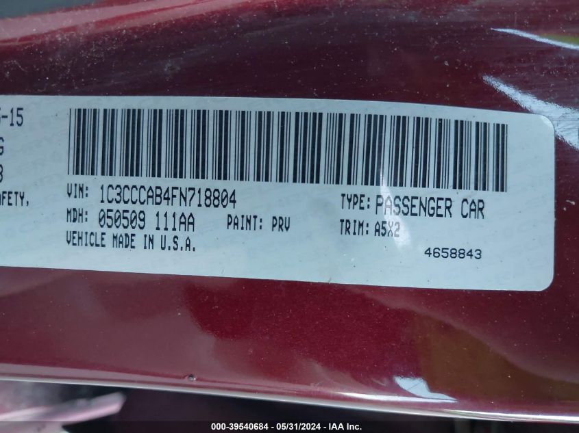 2015 Chrysler 200 Limited VIN: 1C3CCCAB4FN718804 Lot: 39540684