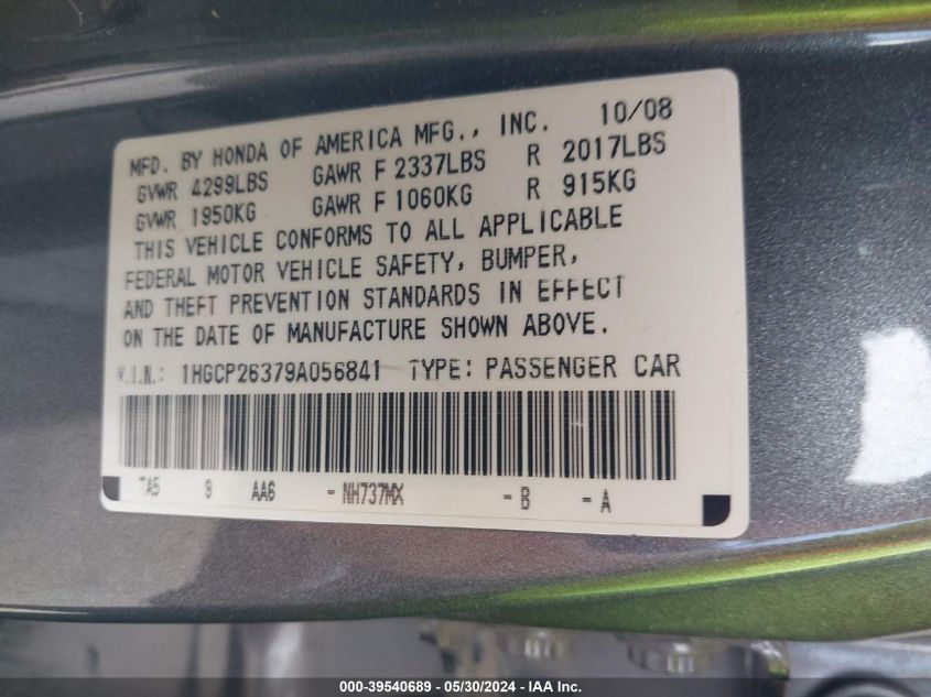 2009 Honda Accord 2.4 Lx VIN: 1HGCP26379A056841 Lot: 39540689