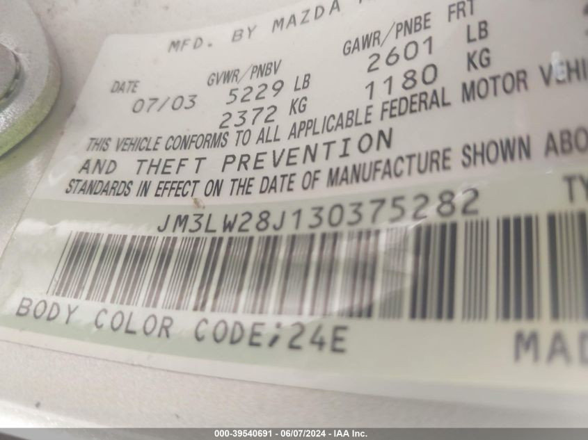 2003 Mazda Mpv Es/Lx/Lx-Sv VIN: JM3LW28J130375282 Lot: 39540691