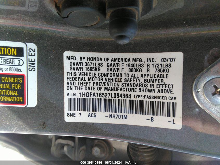 2007 Honda Civic Lx VIN: 1HGFA16527L084364 Lot: 39540696