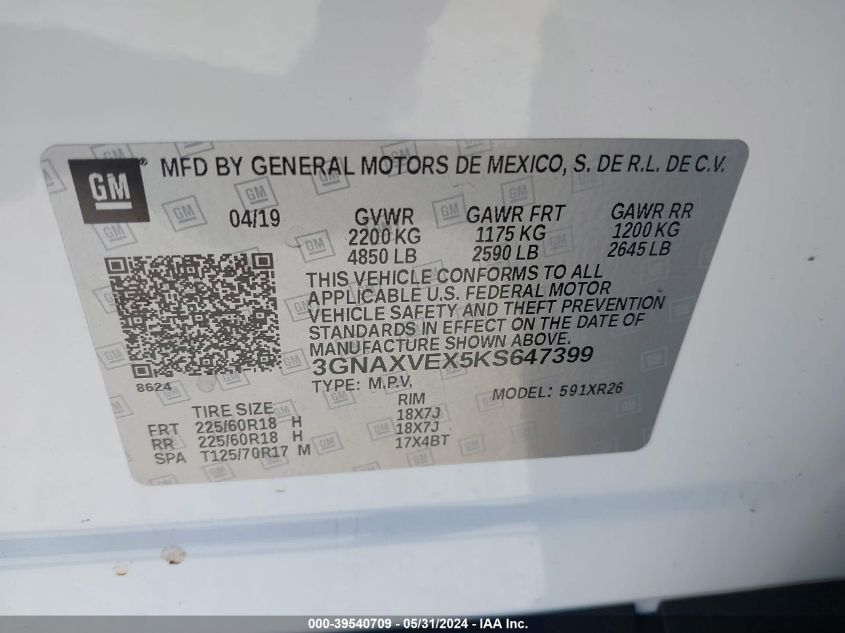 2019 Chevrolet Equinox Lt VIN: 3GNAXVEX5KS647399 Lot: 39540709
