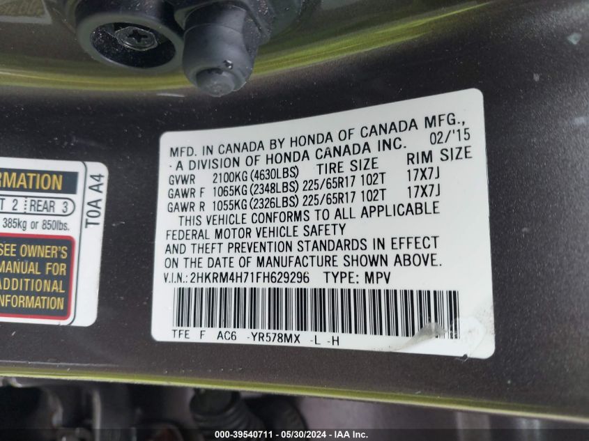 2HKRM4H71FH629296 2015 Honda Cr-V Ex-L