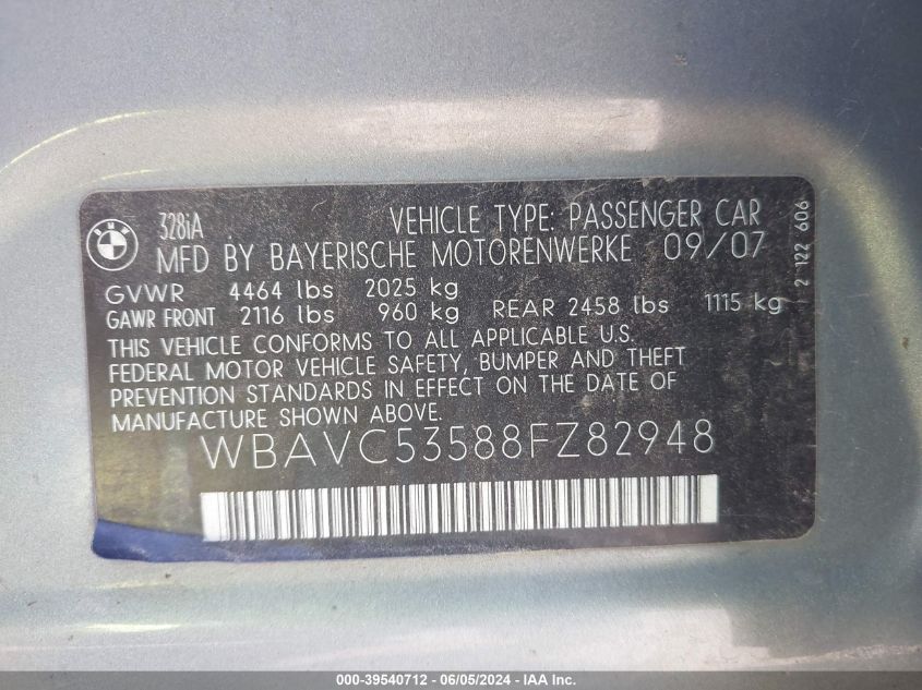 2008 BMW 328I VIN: WBAVC53588FZ82948 Lot: 39540712