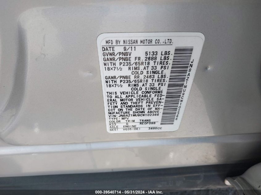 2012 Nissan Murano S VIN: JN8AZ1MU9CW102366 Lot: 39540714