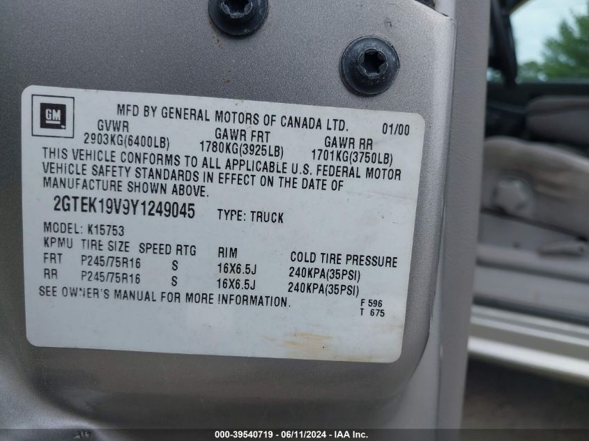 2000 GMC Sierra 1500 Sle VIN: 2GTEK19V9Y1249045 Lot: 39540719