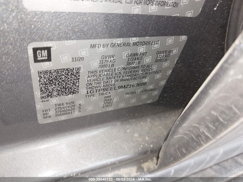 2021 GMC Sierra K1500 At4 VIN: 1GTP9EEL9MZ163686 Lot: 39540723