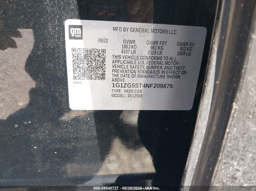 2022 Chevrolet Malibu Fwd Rs VIN: 1G1ZG5ST4NF209875 Lot: 39540727