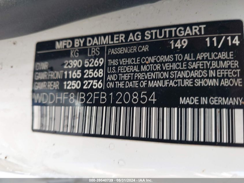 2015 Mercedes-Benz E 350 4Matic VIN: WDDHF8JB2FB120854 Lot: 39540739