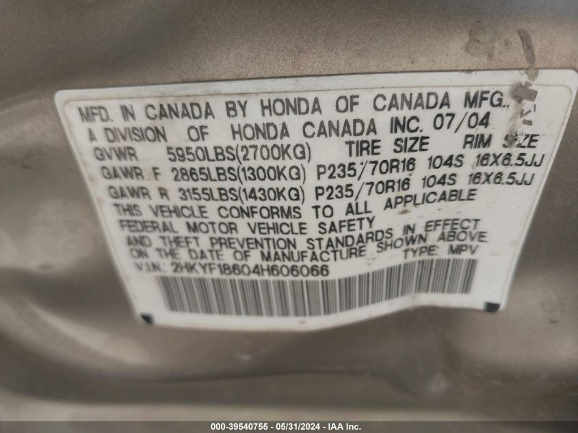 2004 Honda Pilot Ex-L VIN: 2HKYF18604H606066 Lot: 39540755