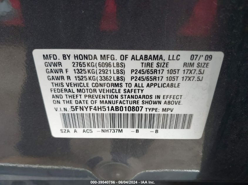 2010 Honda Pilot Ex-L VIN: 5FNYF4H51AB010807 Lot: 39540756