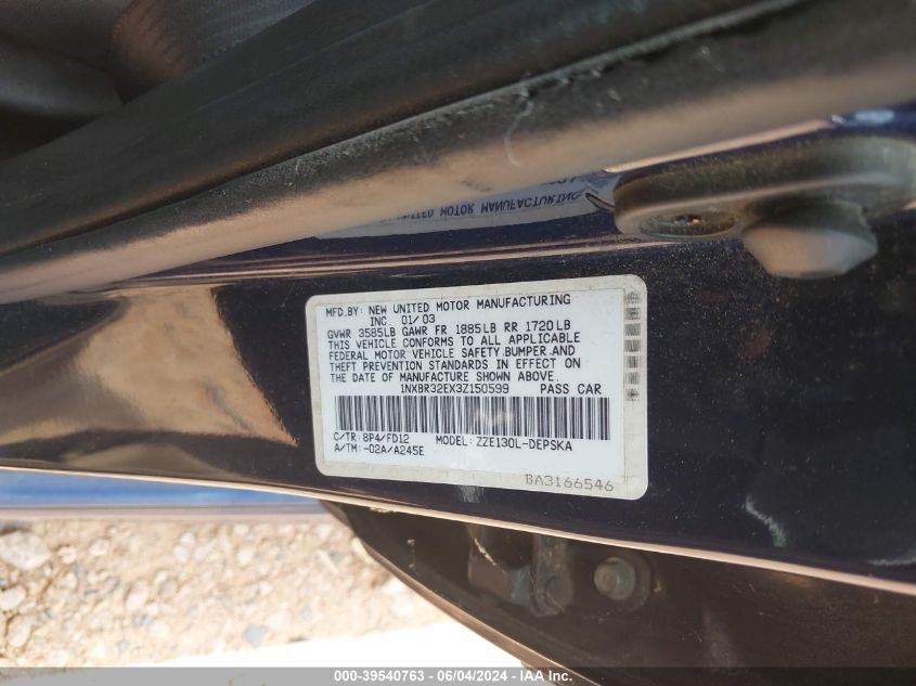 2003 Toyota Corolla S VIN: 1NXBR32EX3Z150599 Lot: 39540763