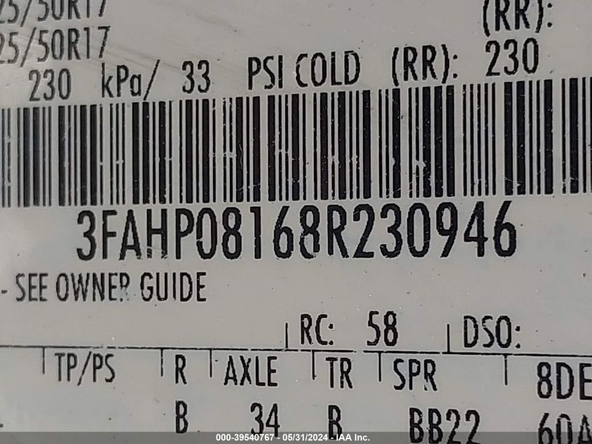 2008 Ford Fusion Sel VIN: 3FAHP08168R230946 Lot: 39540767