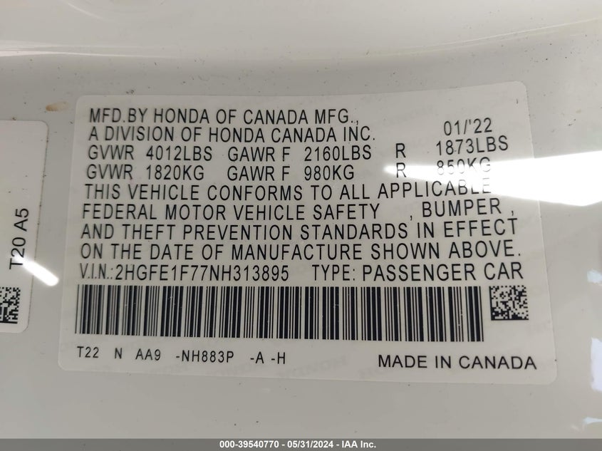VIN 2HGFE1F77NH313895 2022 HONDA CIVIC EX
