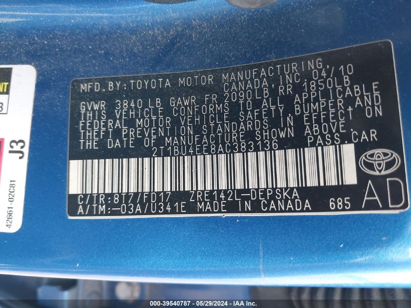 2010 Toyota Corolla S VIN: 2T1BU4EE8AC383136 Lot: 39540787