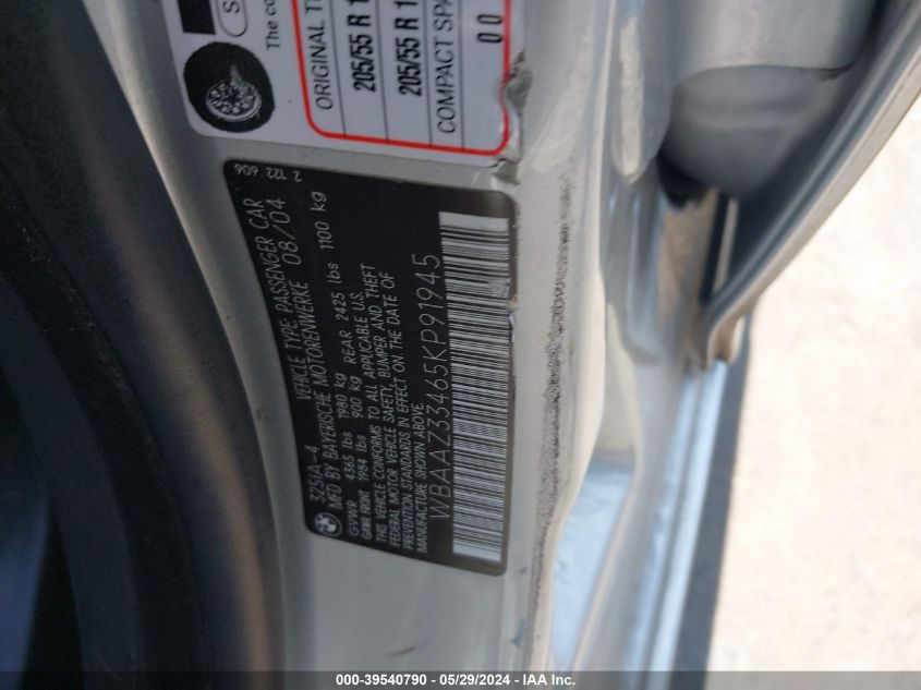 2005 BMW 325I VIN: WBAAZ33465KP91945 Lot: 39540790