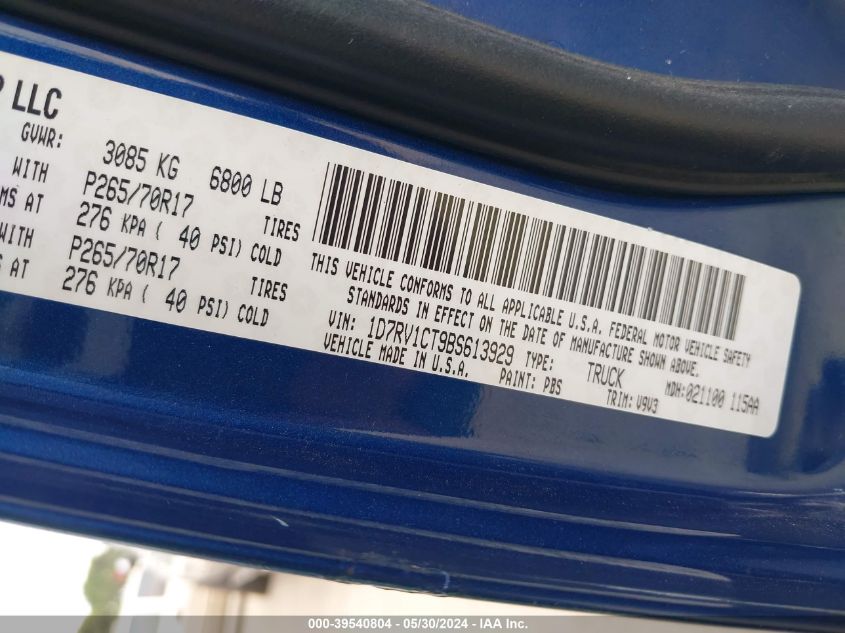 2011 Ram Ram 1500 Slt VIN: 1D7RV1CT9BS613929 Lot: 39540804