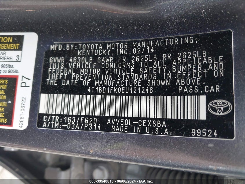 2014 Toyota Camry Hybrid Se Limited Edition VIN: 4T1BD1FK0EU121246 Lot: 39540813