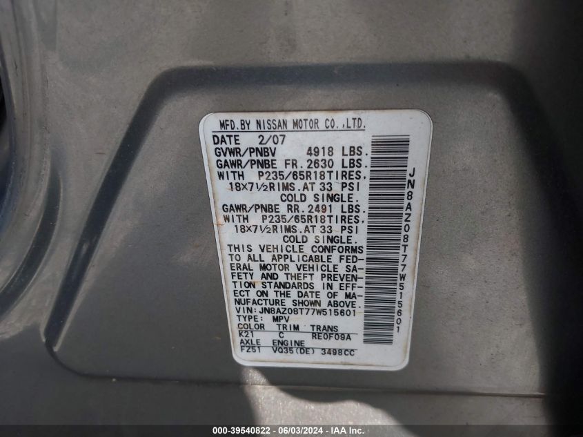 2007 Nissan Murano Sl VIN: JN8AZ08T77W515601 Lot: 39540822