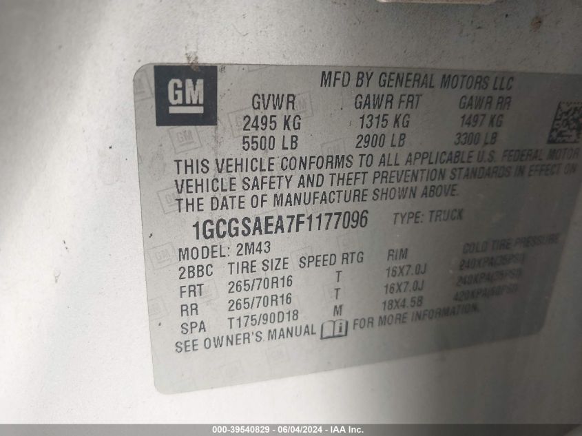 2015 Chevrolet Colorado Wt VIN: 1GCGSAEA7F1177096 Lot: 39540829