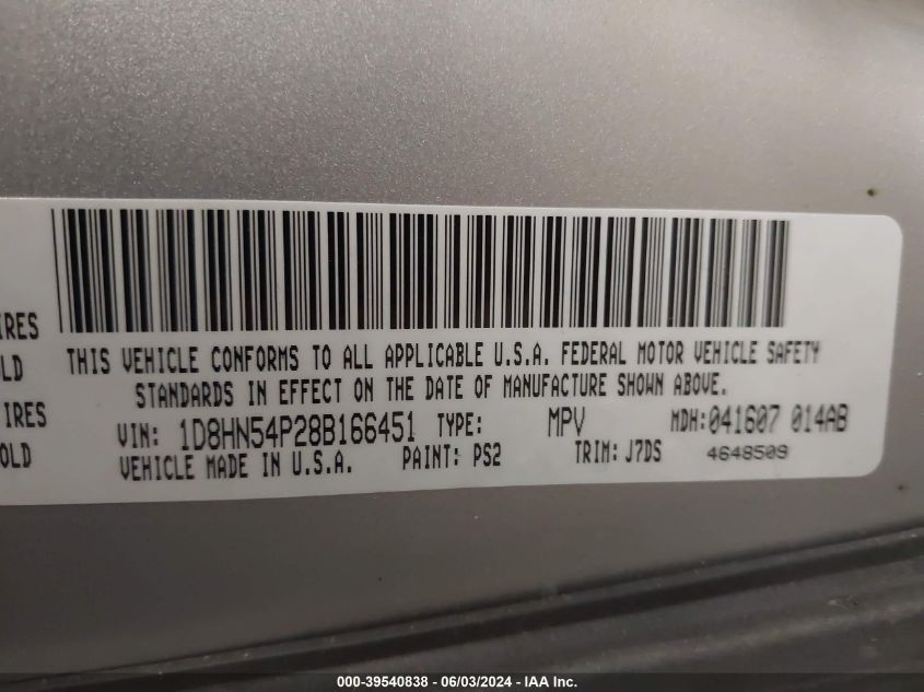 2008 Dodge Grand Caravan Sxt VIN: 1D8HN54P28B166451 Lot: 39540838