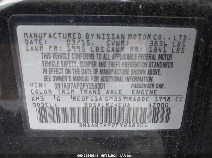 2015 Nissan Sentra Sr VIN: 3N1AB7AP2FY258301 Lot: 39540846