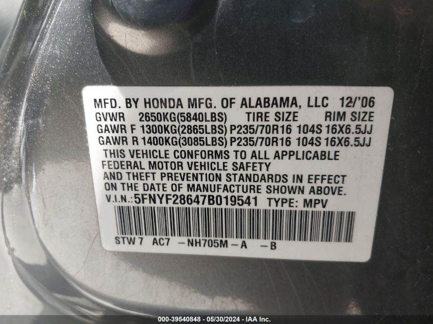 2007 Honda Pilot Ex-L VIN: 5FNYF28647B019541 Lot: 39540848