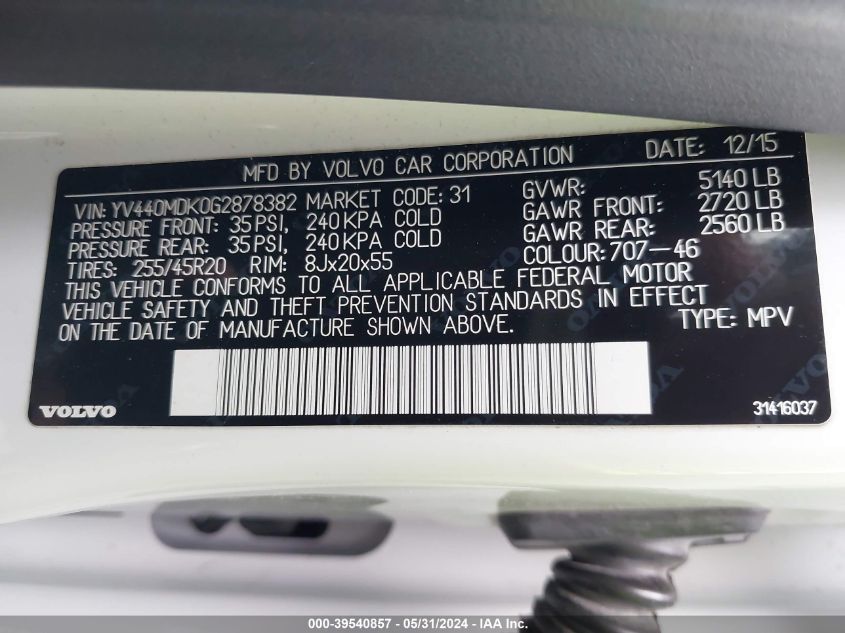 2016 Volvo Xc60 T5 Drive-E Premier VIN: YV440MDK0G2878382 Lot: 39540857