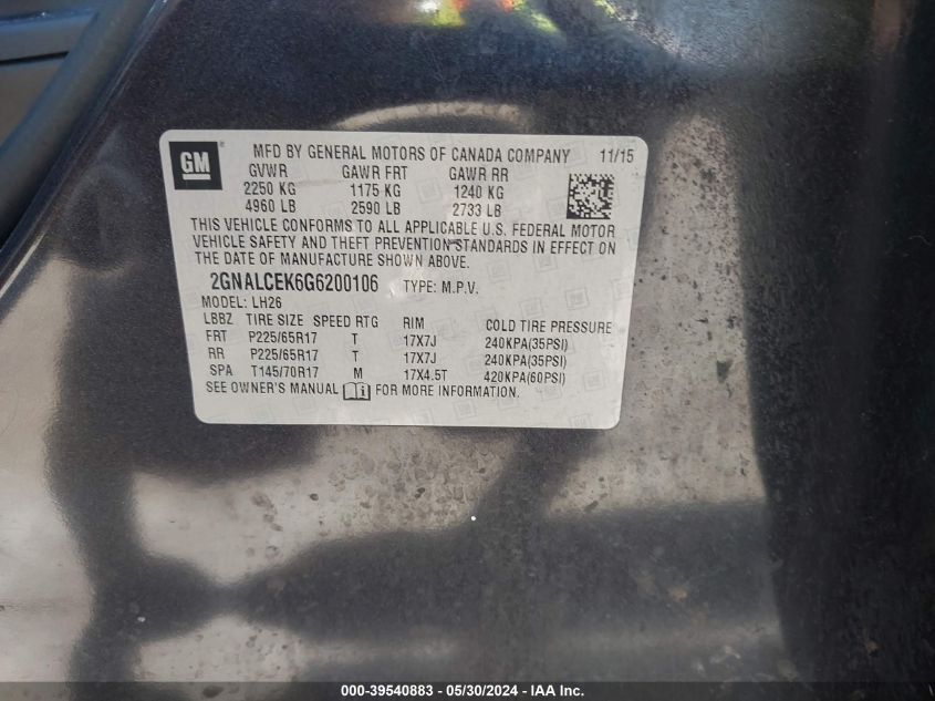 2016 Chevrolet Equinox Lt VIN: 2GNALCEK6G6200106 Lot: 39540883