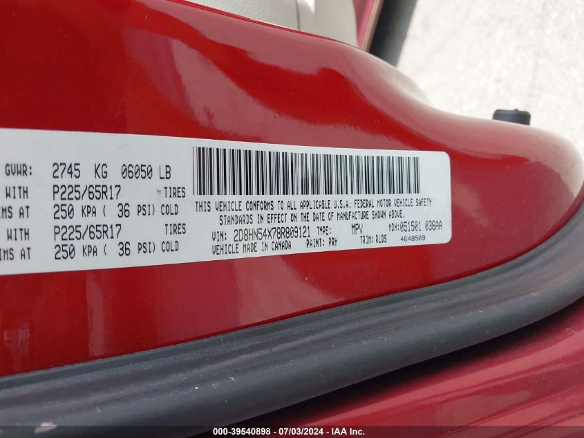 2008 Dodge Grand Caravan Sxt VIN: 2D8HN54X78R809121 Lot: 39540898