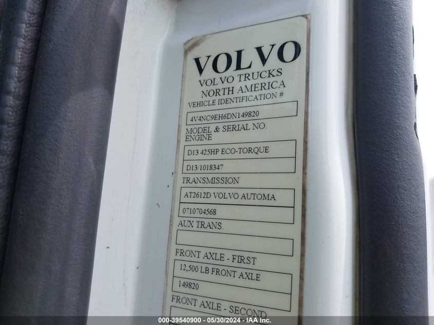 2013 Volvo Vn Vnl VIN: 4V4NC9EH6DN149820 Lot: 39540900