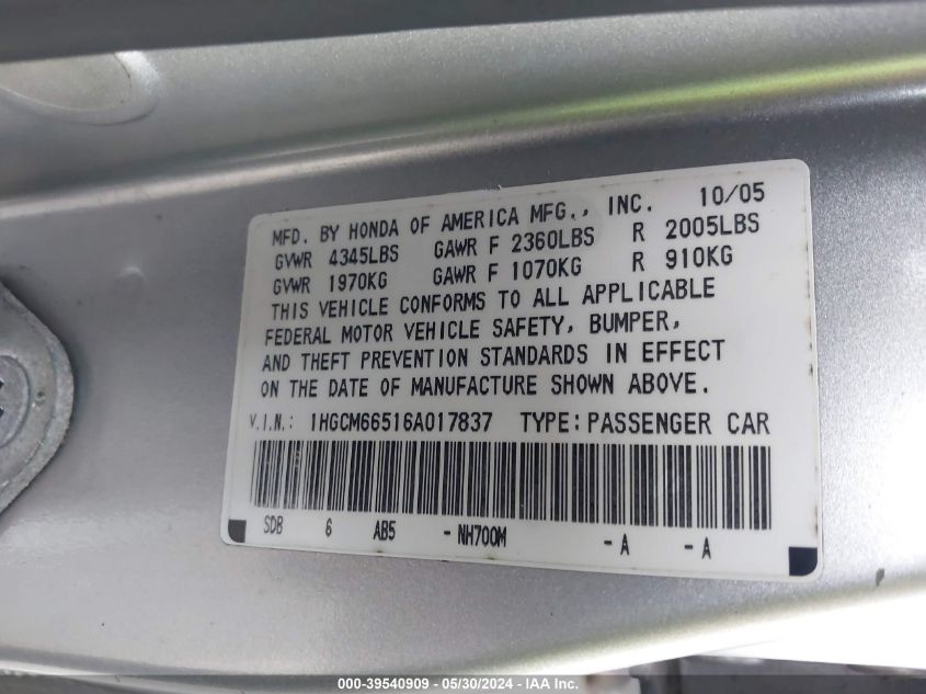 2006 Honda Accord 3.0 Ex VIN: 1HGCM66516A017837 Lot: 39540909