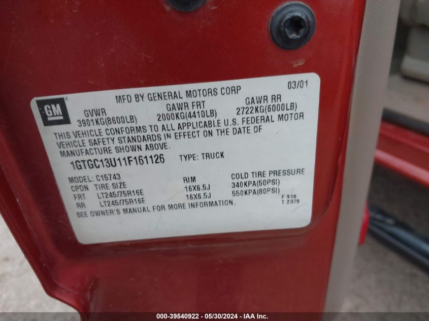 2001 GMC Sierra 1500Hd Sle VIN: 1GTGC13U11F161126 Lot: 39540922